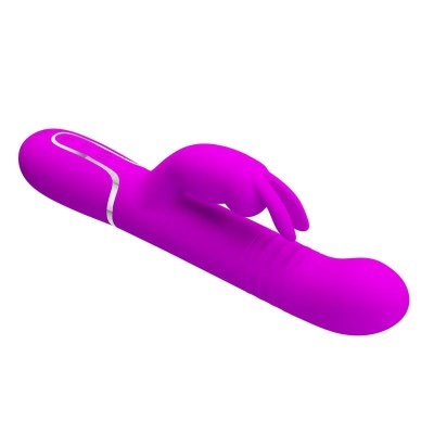 Vibrador roxo com estimulador tipo coelho sobre fundo branco