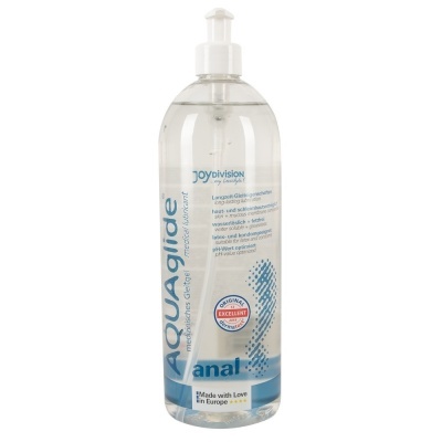 Frasco de lubrificante transparente AQUAglide anal com bomba branca e rótulo azul.