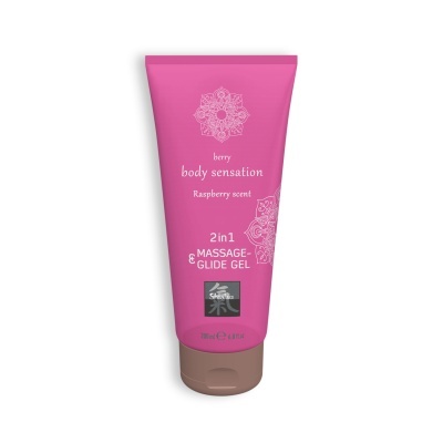 Tubo rosa de gel massagem 2 em 1 com sabor a framboesa