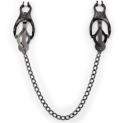 Prendedor de metal negro com corrente e pontas brancas