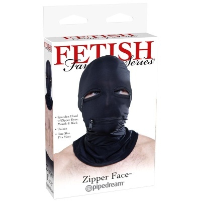 Máscara preta com fechos de correr para olhos e boca em embalagem da série Fetish Fantasies
