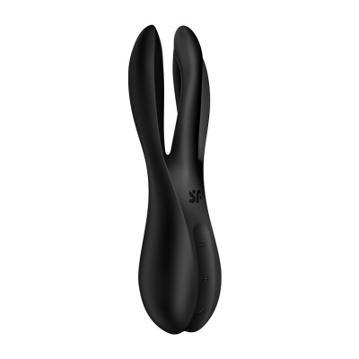 Vibrador preto com design bifurcado e botões de controle.