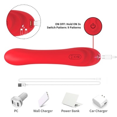 Vibrador vermelho com cabo USB branco e ícones de dispositivos para carregamento