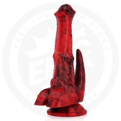 Objeto vermelho com detalhes pretos, textura rugosa e base circular em fundo branco