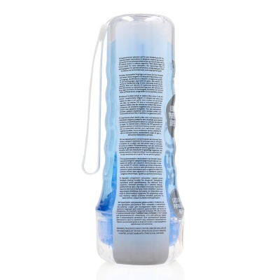 Masturbador masculino transparente com interior azul, texto em várias línguas