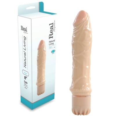 Vibrador Real Amazing bege com embalagem branca e azul