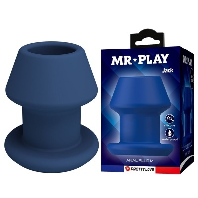 Plug anal azul de silicone com embalagem azul