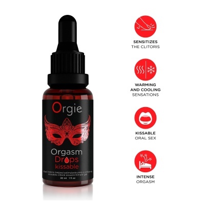 Frasco de gel íntimo Orgie Orgasm Drops com rótulo preto e vermelho e conta-gotas preto