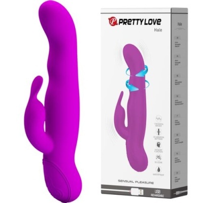Vibrador roxo em silicone com caixa branca da marca Pretty Love Hale