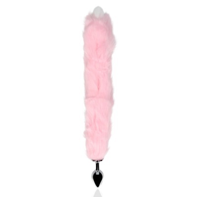 Plug anal com cauda peluda rosa e base metálica