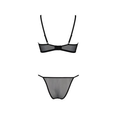 Conjunto de lingerie preto transparente com soutien e tanga.