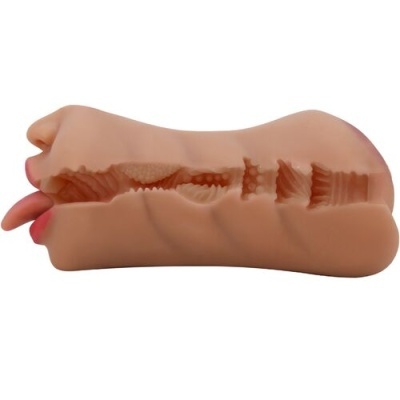 Produto em silicone com interior texturizado e forma semelhante a uma boca.