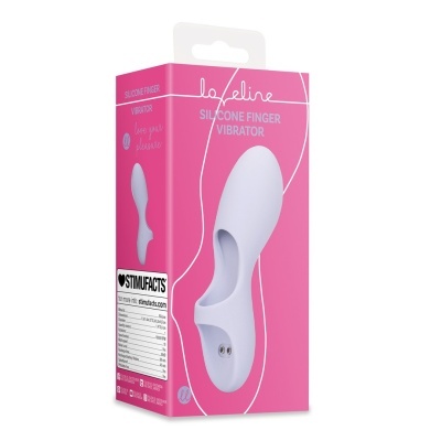 Embalagem rosa de vibrador de silicone para dedo com texto e imagem do produto.