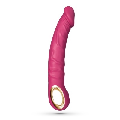 Vibrador cor-de-rosa com base dourada sobre fundo branco