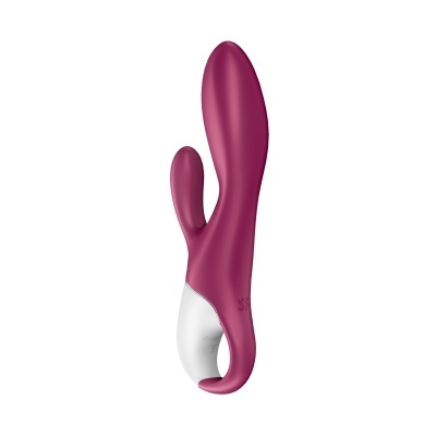 Vibrador rosa com base branca e design ergonómico.
