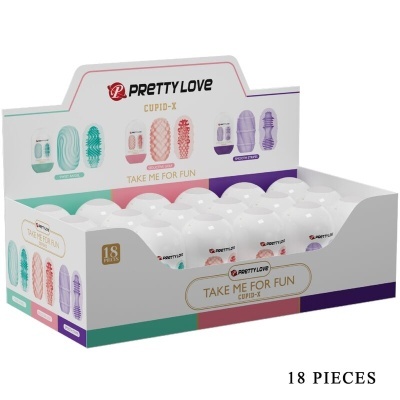 Expositor com 18 produtos Pretty Love Cupid-X com embalagens brancas e design colorido em verde, rosa e roxo