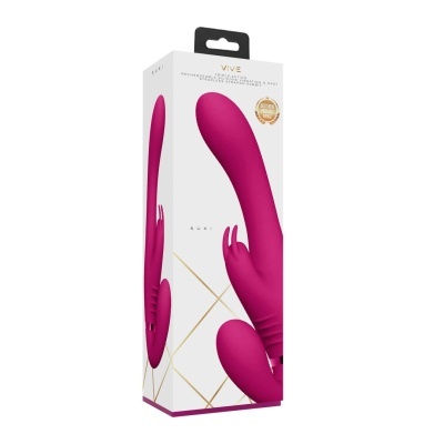 Embalagem de vibrador G-spot rosa magenta em silicone com texto VIVE e selo BEST NEW PRODUCT RANGE