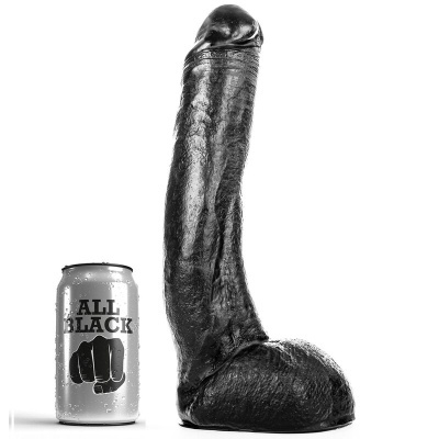 Dildo preto com textura realista ao lado de lata prateada ALL BLACK
