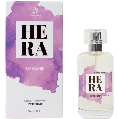 Perfume feminino HERA da Secret Play com embalagem branca e lilás e frasco transparente