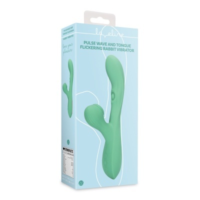Embalagem azul com vibrador coelho verde e texto em inglês