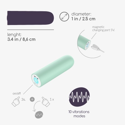 Vibrador cilíndrico verde com especificações de tamanho e carregamento