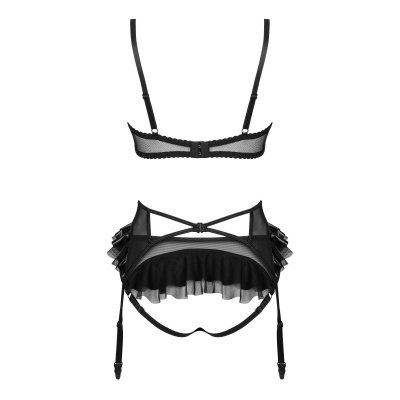Conjunto de roupa interior feminina preta com sutiã e cinta liga em tule e folhos
