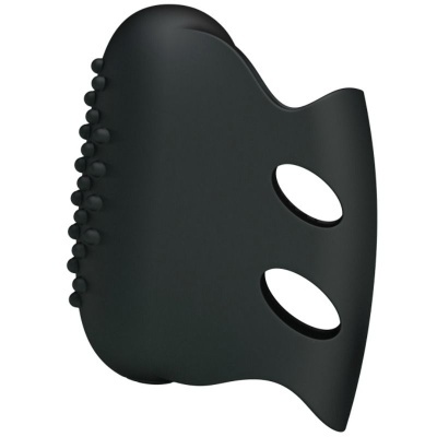 Acessório em silicone preto com duas aberturas ovais e textura bolbosa.