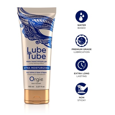 Tubo creme de gel íntimo Lube Tube com tampa dourada e ícones de características