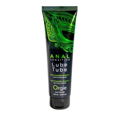Tubo preto de gel íntimo anal com decoração verde e texto multilingue
