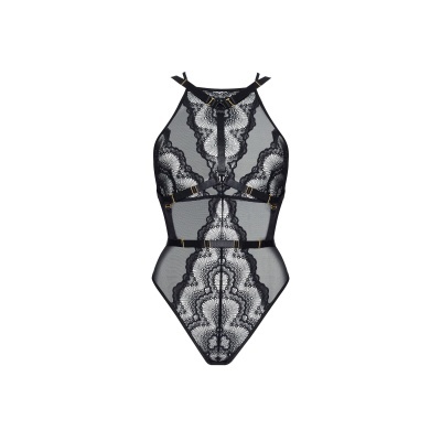 Body feminino em renda preta com tiras elásticas e detalhes dourados