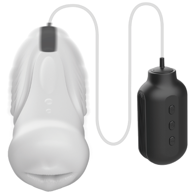 Dispositivo branco com controle preto ligado por cabo