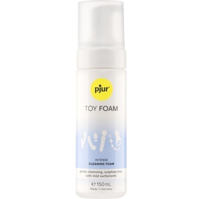 Frasco branco e azul de espuma de limpeza pjur TOY FOAM com tampa translúcida