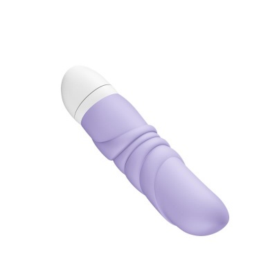 Vibrador lilás com base branca e textura ondulada