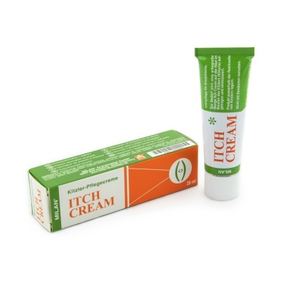 Embalagem e tubo verde e branco de creme ITCH CREAM com texto em alemão e volume 28 ml