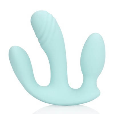 Objeto azul claro de silicone com três pontas e textura ondulada numa das extremidades