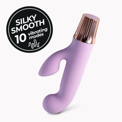 Vibrador lilás com ator dourado e texto sobre modos vibratórios