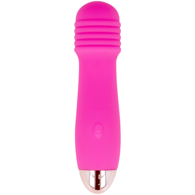 Vibrador rosa com textura anelada e botão central