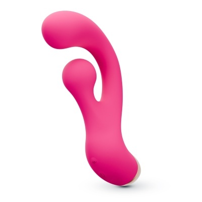 Vibrador rosa com design curvo e duas esferas destacadas