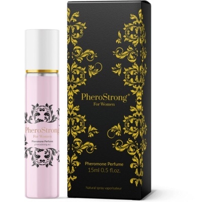 Frasco rosa de perfume e caixa preta dourada PheroStrong For Women