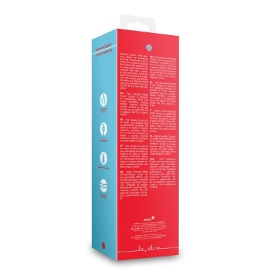Embalagem de vibrador Swinging Rabbit G-Spot com texto em várias línguas e ícones em fundo azul e vermelho