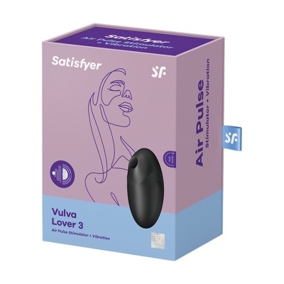 Caixa lilás e azul do estimulador Satisfyer Vulva Lover 3 com imagem do produto preto