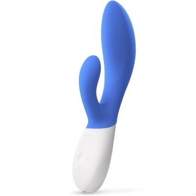 Vibrador azul com duas pontas e base branca com botões