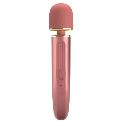 vibrador portátil cor-de-rosa com botões e detalhes dourados