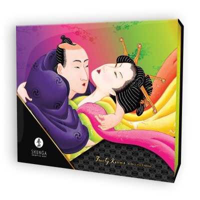Caixa colorida de chocolates com arte erótica japonesa e texto SHUNGA EROTIC ART e Fruity Kisses COLLECTION