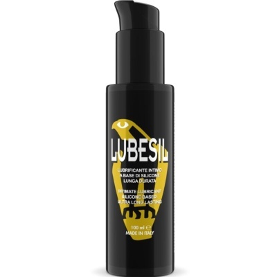 Frasco preto de lubrificante íntimo LUBESIL com doseador e texto em italiano e inglês
