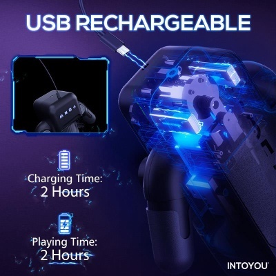 Controlador de videojogos USB recarregável preto com destaque interior iluminado azul