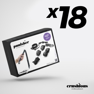 Kit de bondage punisher com 8 peças em caixa preta e branca com selo roxo e texto x18