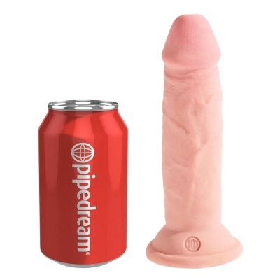 Produto sexual realista cor de pele ao lado de lata vermelha pipedream