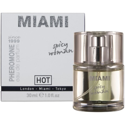 Frasco de perfume Miami Spicy Woman com embalagem branca e texto em cinza e preto