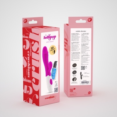 Embalagem de vibrador rabbit em silicone roxo e branco com lubrificante